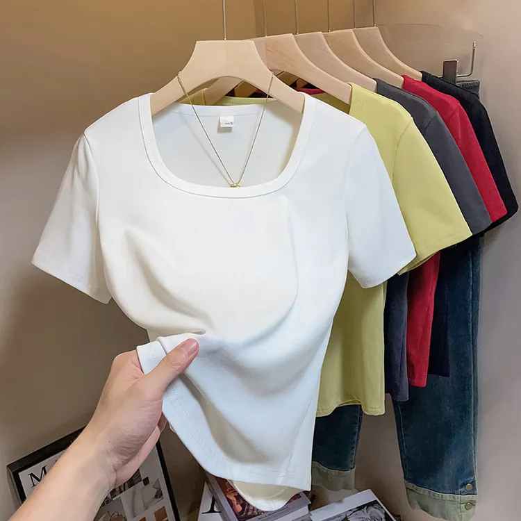 yoewshean/羽媗微胖mm大码女装夏季方领遮肚显瘦短袖t恤上衣