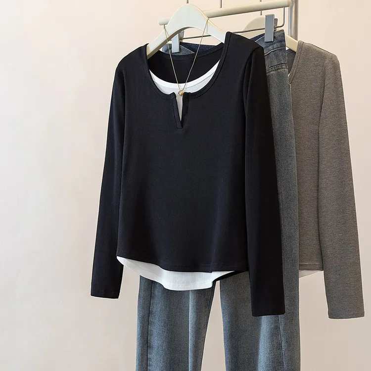 yoewshean/羽媗微胖妹妹假两件V领正肩长袖t恤女春秋装显瘦上衣