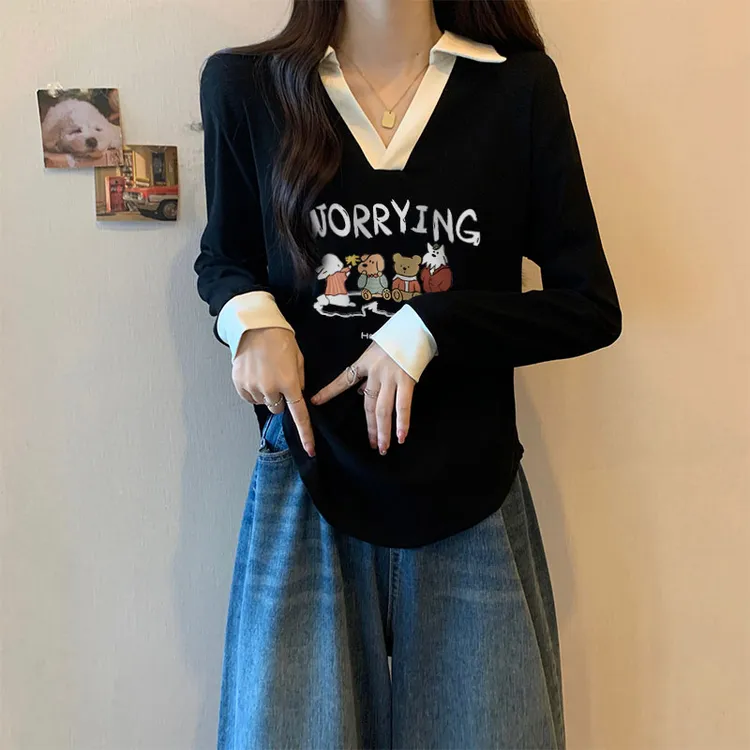 yoewshean/羽媗胖妹妹t恤大码女装秋长袖遮肚显瘦POLO领百搭上衣
