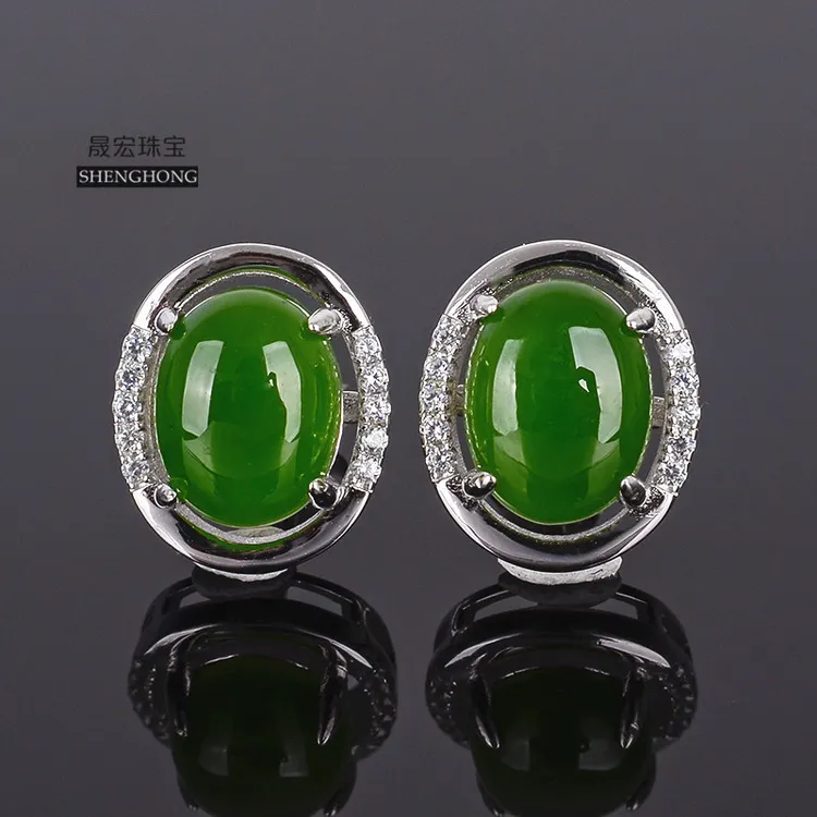 天然和田玉碧玉耳钉925银正品精致大方百搭菠菜绿玉石耳饰防过敏