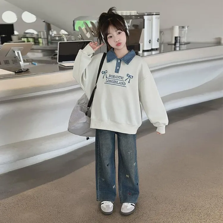 女童卫衣春秋款2024新款儿童洋气秋装牛仔领上衣女孩长袖t恤套装