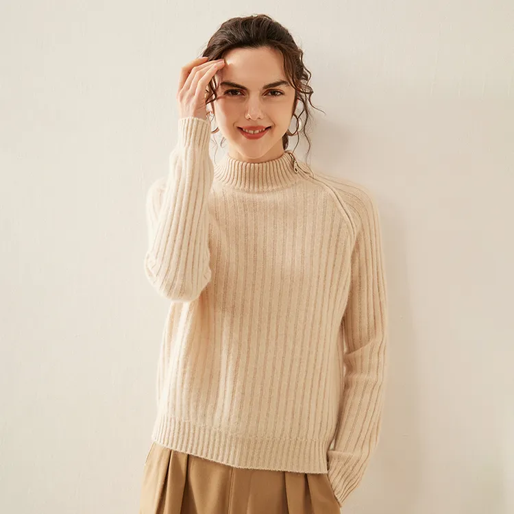 06秋冬新款羊绒衫女半高侧拉链修身毛衣气质慵懒风长袖打底羊毛衫