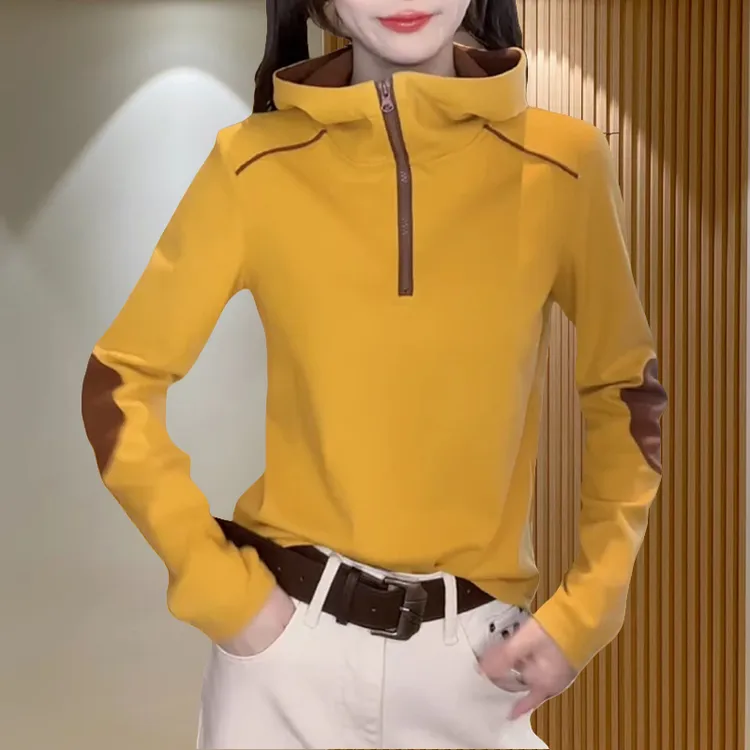 保暖打底衫上衣2024冬季新款连帽拉链拼色长袖休闲百搭显瘦上衣女