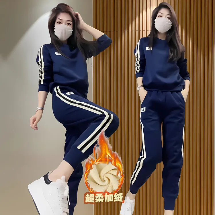 【棉】加绒保暖时尚休闲套装女2024冬季新款拼色设计感洋气减龄套装