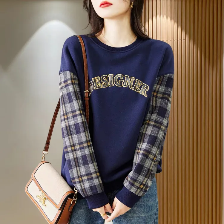 华棉卫衣女2025秋季新款时尚休闲拼接设计感宽松百搭洋气减龄上衣