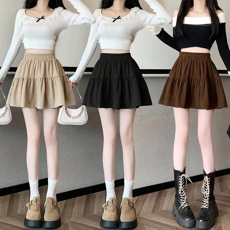 蓬蓬裙女2025秋冬新款灯芯绒半身裙松紧高腰荷叶边防走光A字摆裙