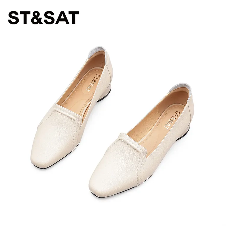  ST&SAT星期六 复古女鞋2025新款真皮软面粗跟浅口方头单鞋女
