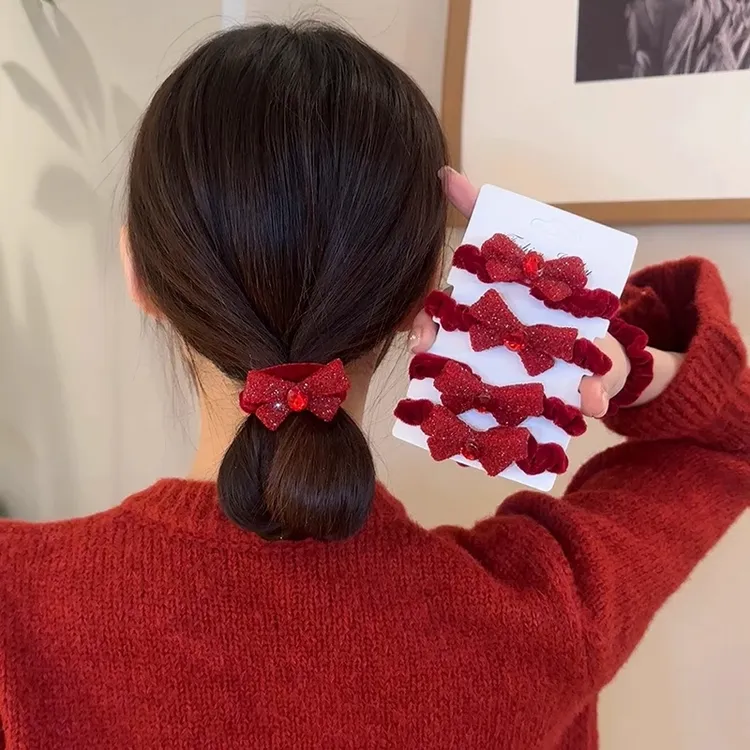 喜庆丝绒蝴蝶结皮筋高颜值秋冬头绳女发绳不伤发发圈红色发圈发饰