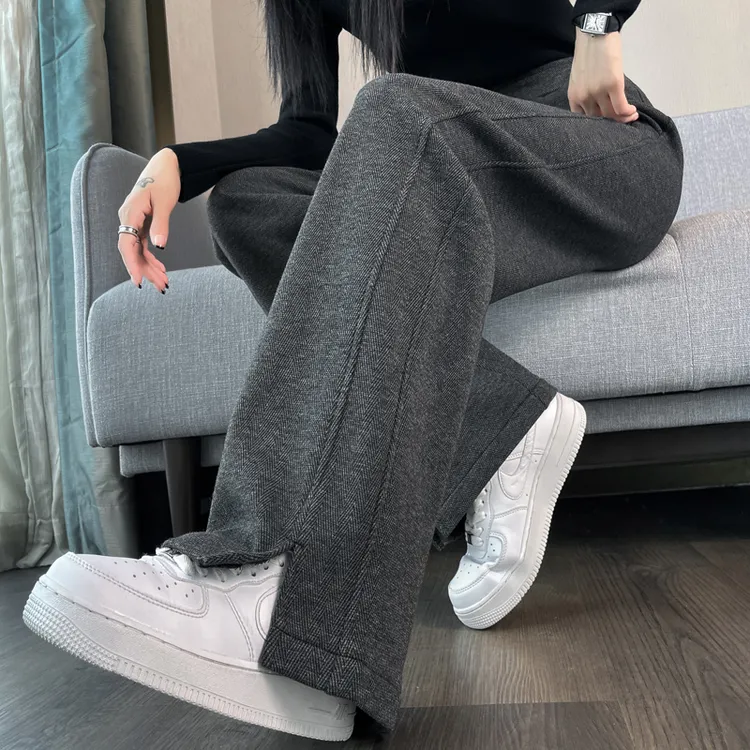 毛呢开叉宽松直筒香蕉阔腿裤女春秋冬季大码胖mm加绒显瘦加厚长裤