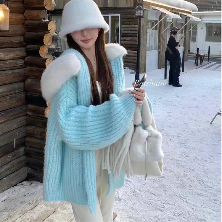 大毛领连帽毛衣针织开衫秋冬新款慵懒风超好看宽松加厚外套女上衣