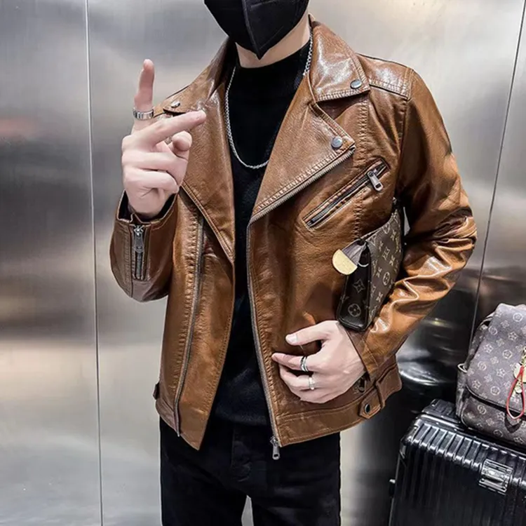 春秋季短款皮衣韩版帅气皮夹克翻领斜拉链修身哈雷骑行服外套男