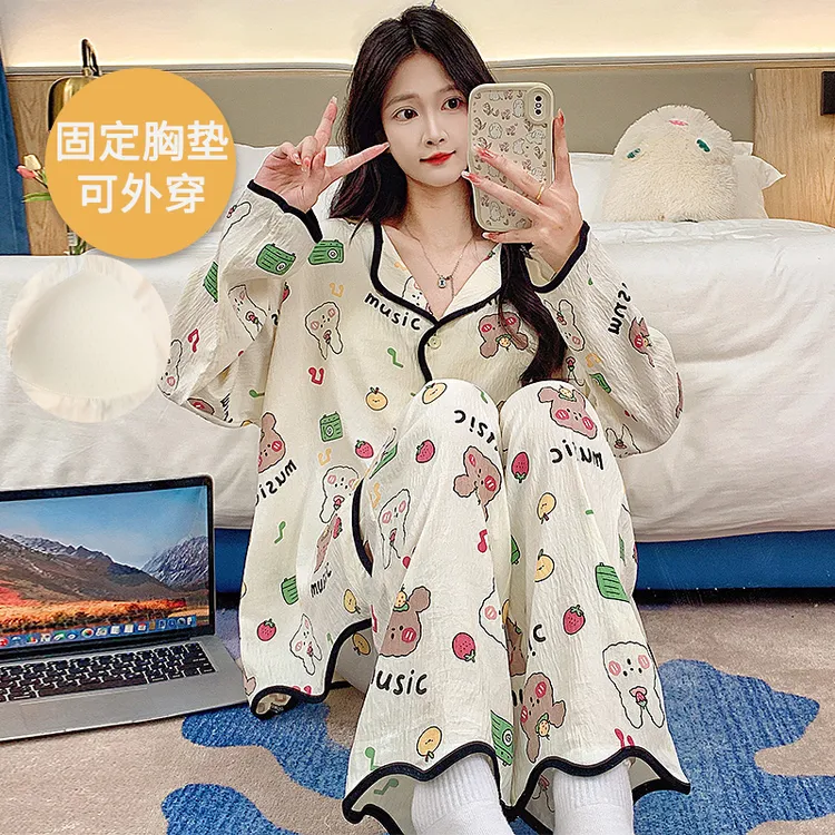 2024春秋新款带胸垫睡衣女款出门款爆款外出洋气可外穿家居服套装