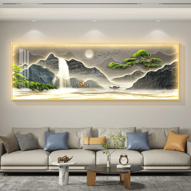 流水生财led带灯轻奢客厅装饰画沙发背景墙挂画壁画简约现代高档