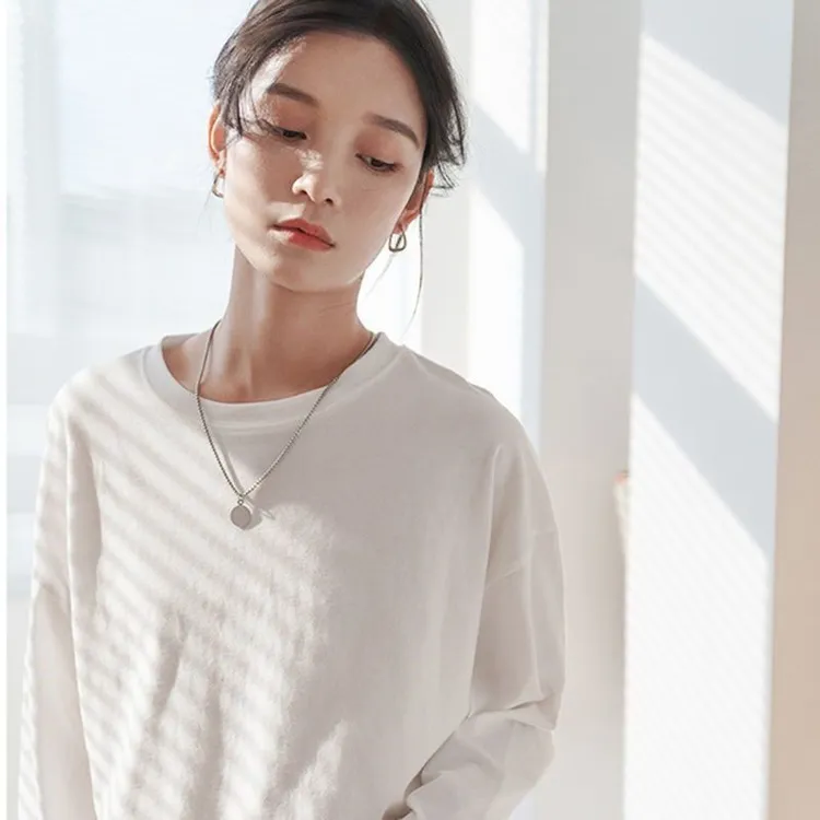 JANLION/简龙春秋白色打底衫100%纯棉长袖T恤女百搭宽松大码女装