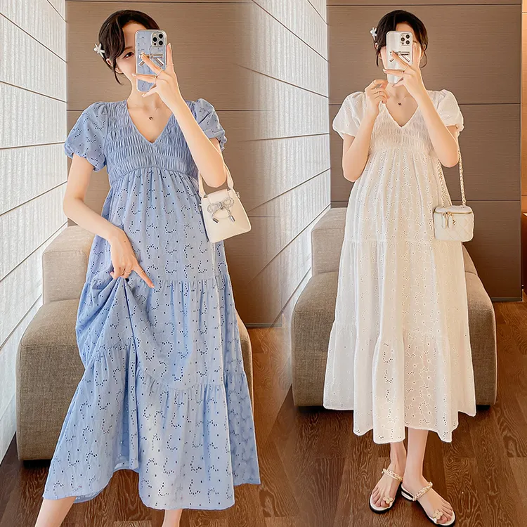 孕妇夏装连衣裙夏款2024高级感时尚V领宽松遮肚气质长裙子夏季