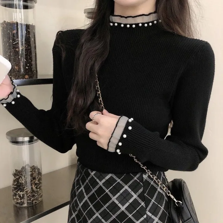 设计感蕾丝花边拼接珍珠半高领长袖毛衣女黑色套头高档针织打底衫