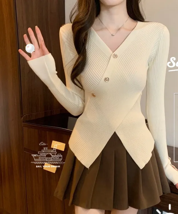 不规则V领针织打底衫内搭收腰显瘦毛衣交叉高腰修身开叉套头女装