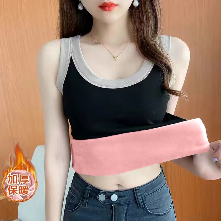 一体绒保暖吊带背心女加绒加厚高档秋冬季内搭无袖修身打底衫上衣