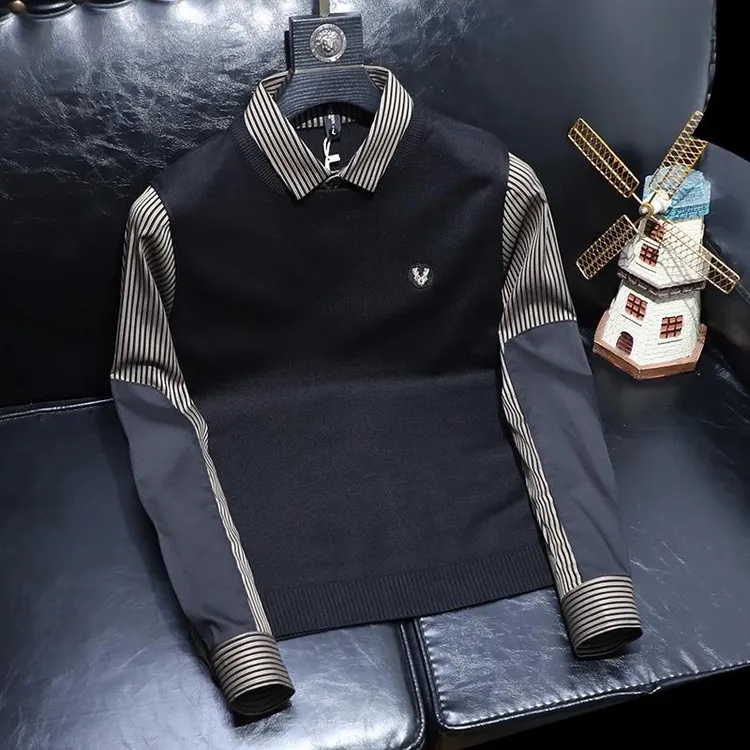 欧货新款秋冬季潮流假两件男士毛衣修身衬衫领条纹针织打底衫男