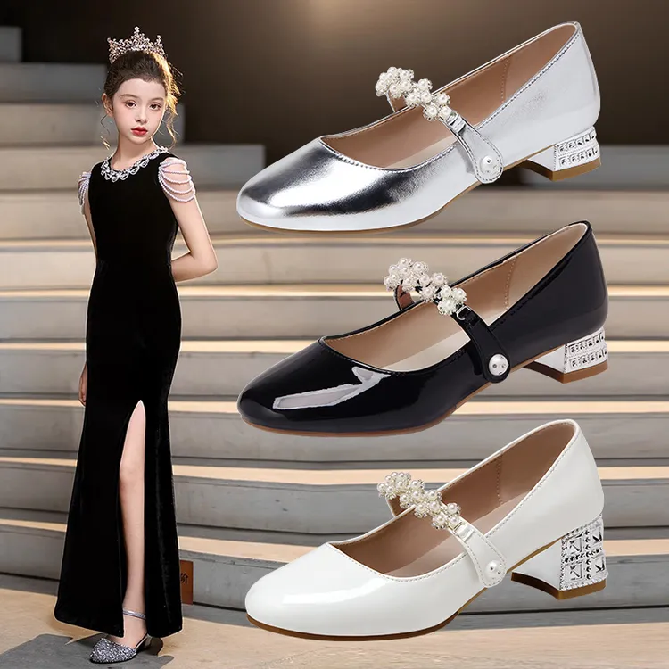 女童黑色皮鞋儿童高跟鞋公主水晶鞋银色钢琴走秀演出鞋配礼服鞋子