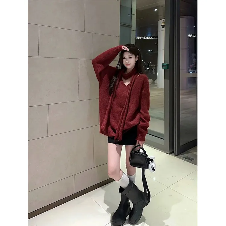 2024秋冬新款轻熟风气质V领宽松长袖针织毛衣休闲百搭高腰半身裙