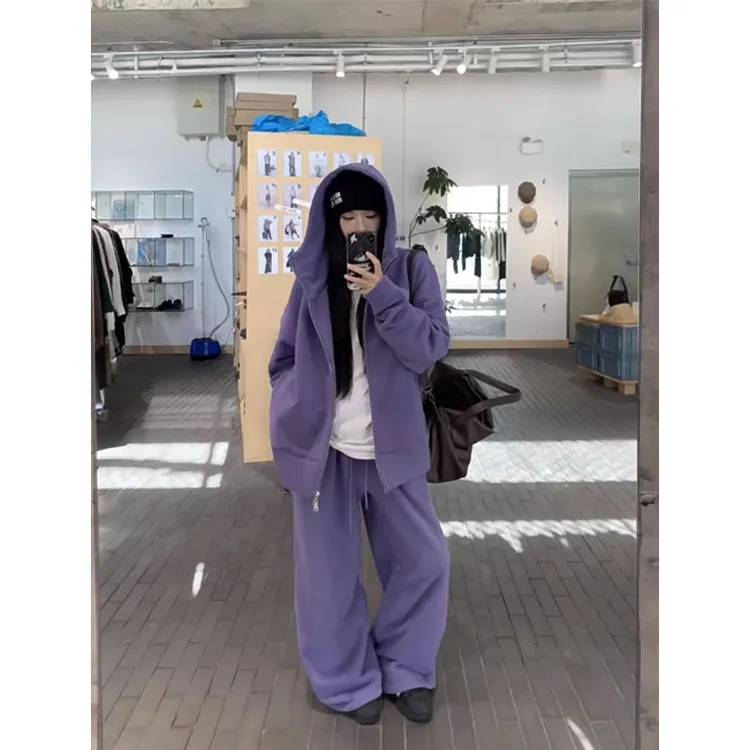 简约气质穿搭一整套宽松连帽拉链长袖外套高腰百搭显瘦休闲阔腿裤