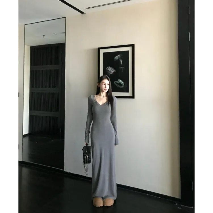 秋冬季韩系辣妹纯欲风长袖U领连衣裙修身显瘦包臀裙内搭打底长裙
