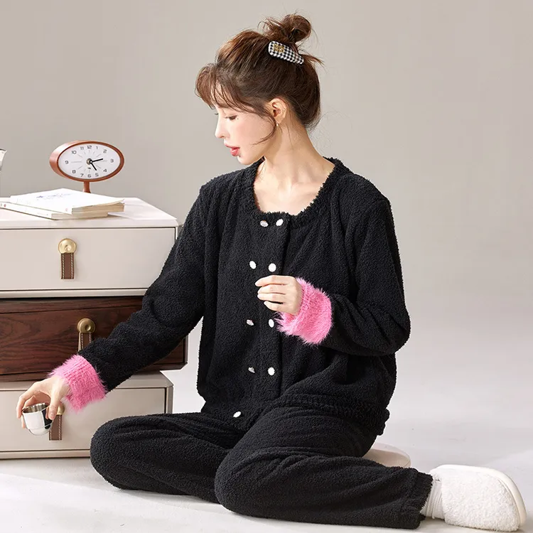 睡衣女秋冬季半边绒黑色贵妇人加绒加厚圆领开衫套装家居服秋天