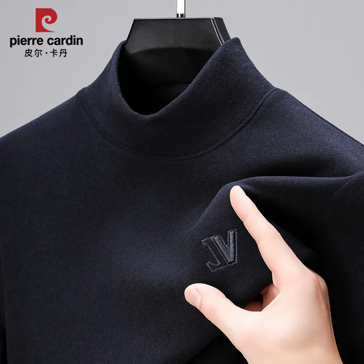 皮尔卡丹秋冬双面德绒打底衫男长袖t恤半高领内搭纯色保暖上衣男