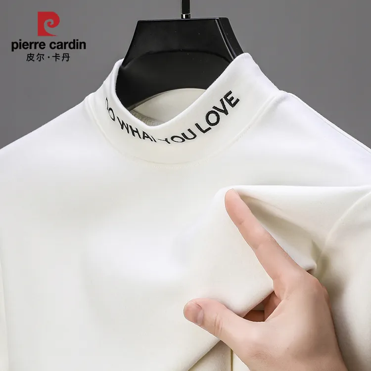 皮尔卡丹男士纯色长袖T恤百搭修身半高领加厚纯色中领德绒打底衫