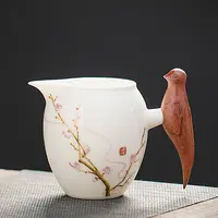 日式木柄防烫公道杯羊脂白玉陶瓷过滤分茶器功夫茶具茶漏一体匀杯