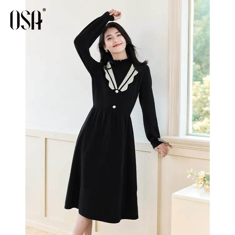 OSA/欧莎 假两件针织连衣裙女轻法风穿搭气质中长裙S124D13001