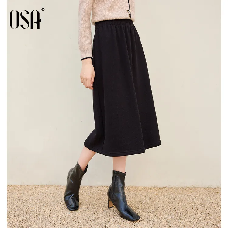 OSA/欧莎 黑色高腰加绒半身裙女中长款显瘦直筒裙S123D51005
