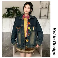 设计感花边拼接牛仔外套女2025春秋新款休闲复古手工立体钩花夹克