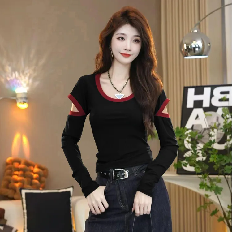 女士洋气打底衫内搭长袖T恤爆款2025新款修身镂空小个子精致上衣