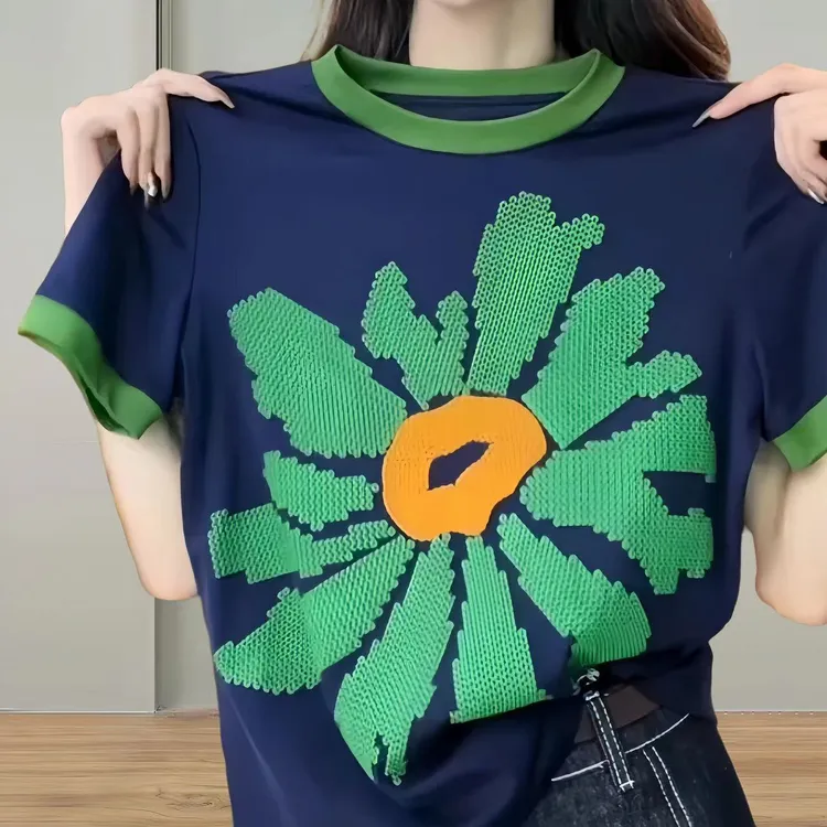 纯棉短袖T恤设计感印花百搭打底衫爆款宽松时尚印花气质上衣女款