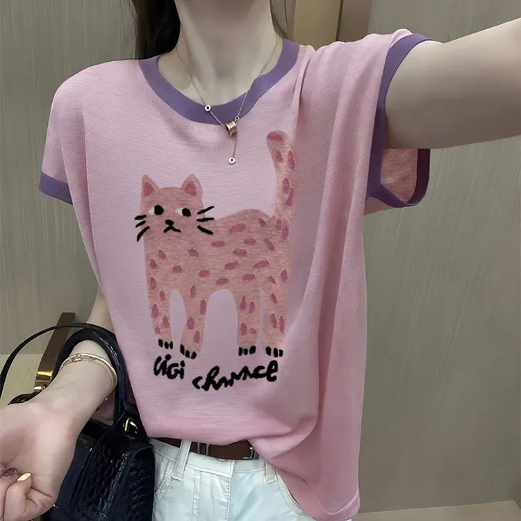 竹节棉猫咪印花短袖t恤女装2024夏季新款上档次宽松150矮个子上衣
