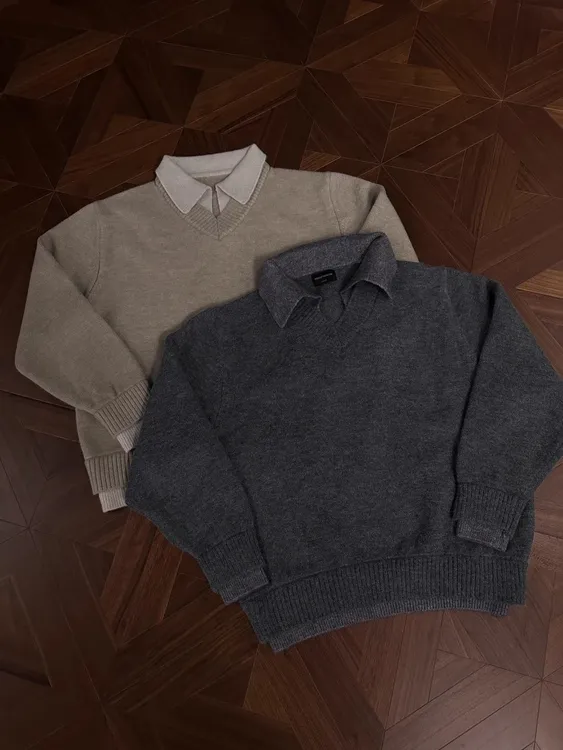 RTIMFD复古假两件v领翻领毛衣 cleanfit高级针织衫上衣慵懒风外套