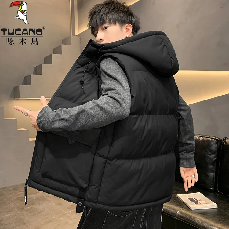 啄木鳥工装连帽棉马甲外套男士加厚春秋季新款潮牌无袖坎肩马夹男