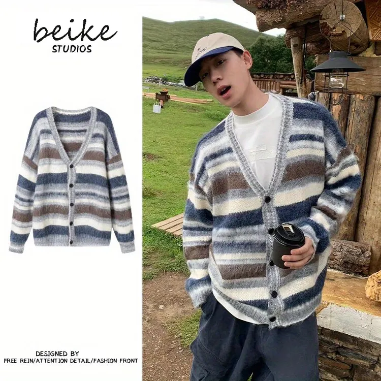 美式复古秋冬慵懒风针织开衫毛衣外套男女宽松V领休闲上衣潮情侣