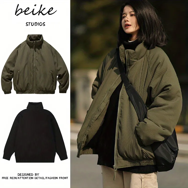 两件装/单件日系复古纯色立领棉服外套夹克+毛衣男女情侣棉衣套装