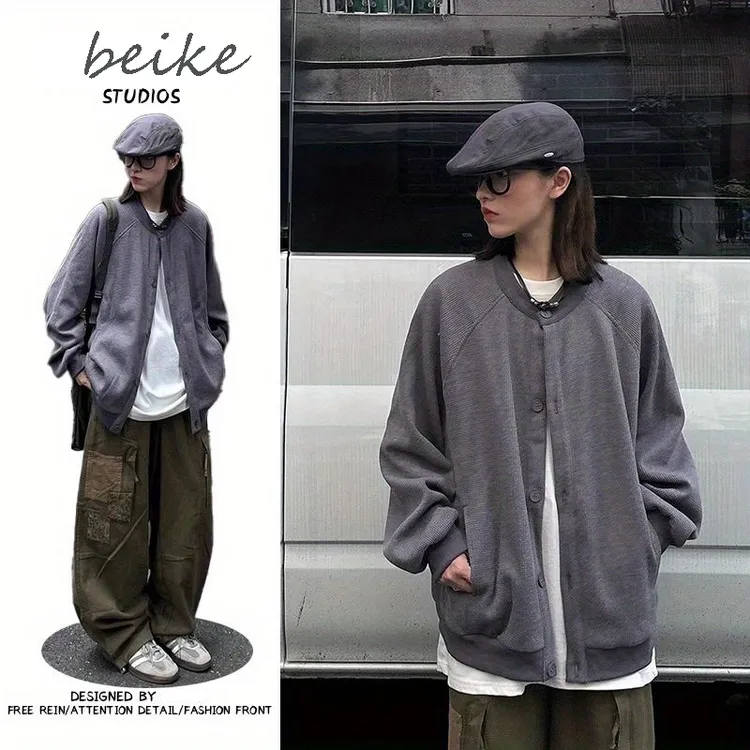 华夫格夹克外套男女情侣学院风开衫美式夹克外套男生干净帅气秋装