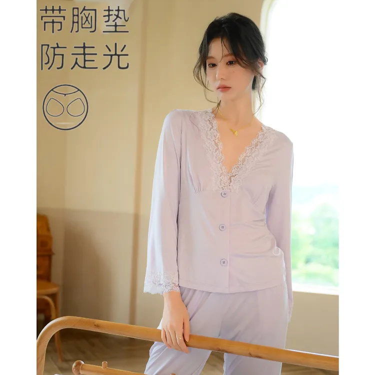 睡衣春秋款女2025新款带胸垫长袖套装高颜值家居服女款秋冬外穿