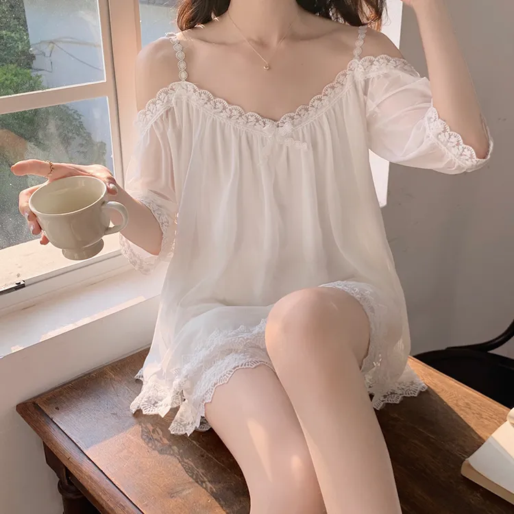 一字肩蕾丝网纱睡衣女莫代尔夏季短袖纯欲风2025年大码家居服套装