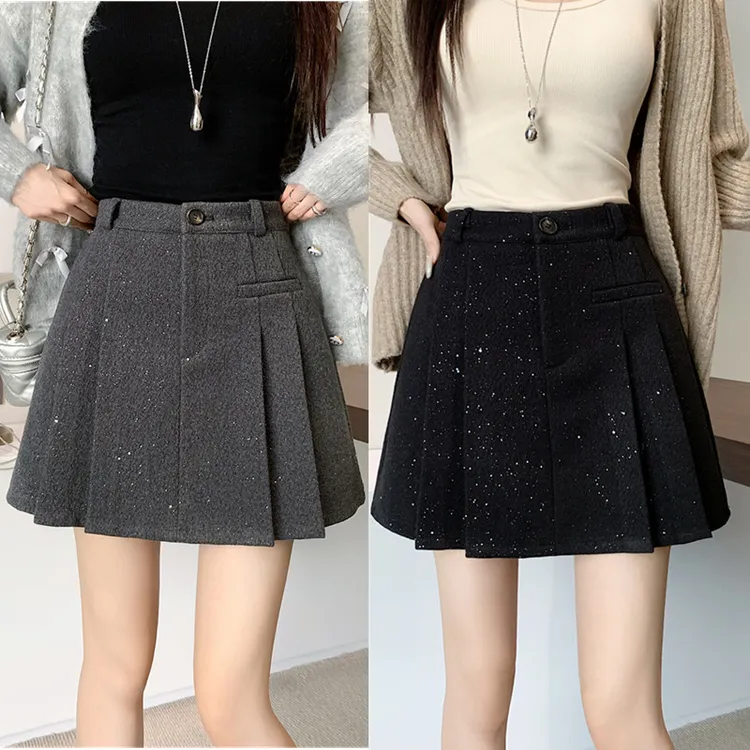 亮片加厚毛呢百褶裙女秋冬大码高腰洋气短裙显瘦包臀裙爆款半身裙