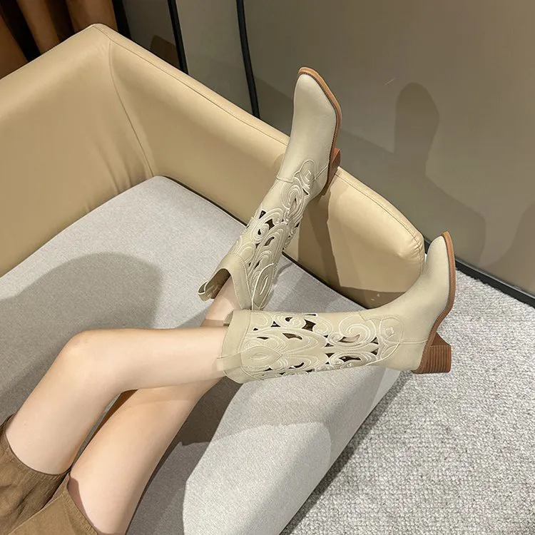 刺绣复古西部牛仔靴镂空夏季薄款长靴女夏天透气时装靴中筒骑士靴