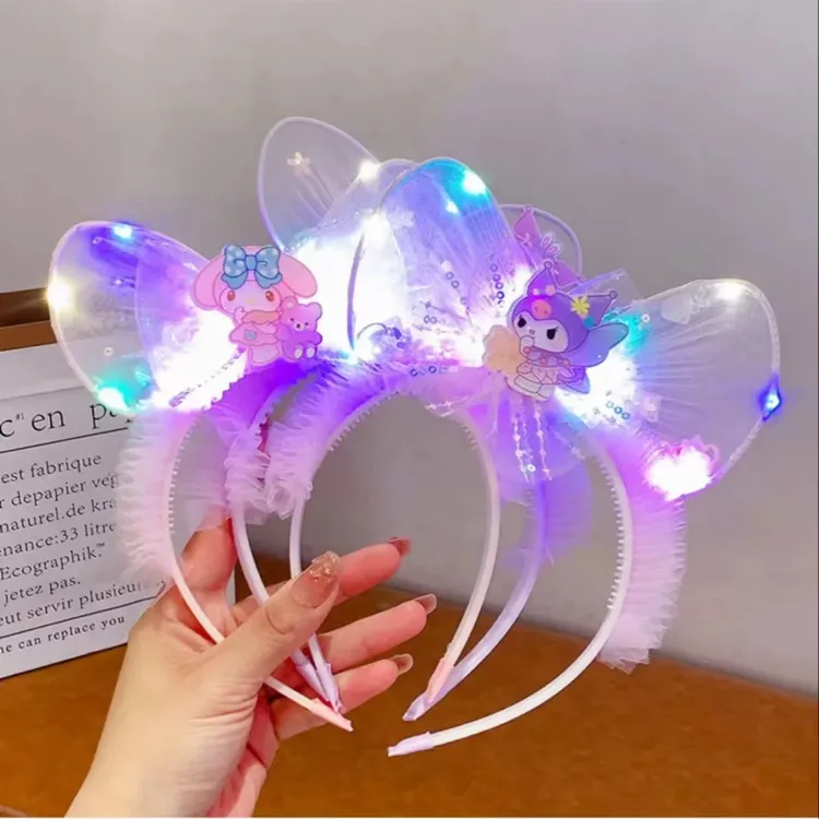 库洛米发光发箍儿童网纱艾莎公主头饰女孩蝴蝶结网纱发卡防滑头箍