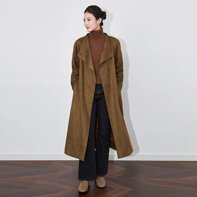 轻奢2024立体雅丹风鹿皮绒大衣一粒扣中长款风衣外套冬毛呢秋冬