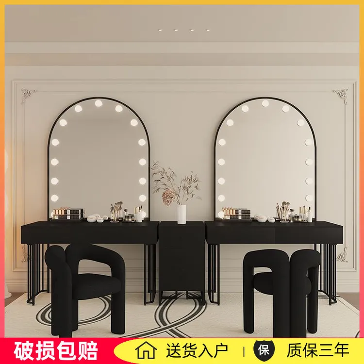 奶油风影楼专业带灯化妆台婚纱店美容院美妆纹绣工作室专用梳妆台