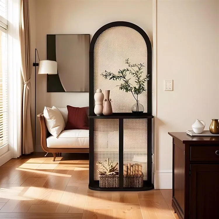 复古藤编屏风隔断客厅入户玄关遮挡可移动实木座屏侘寂风置物花架
